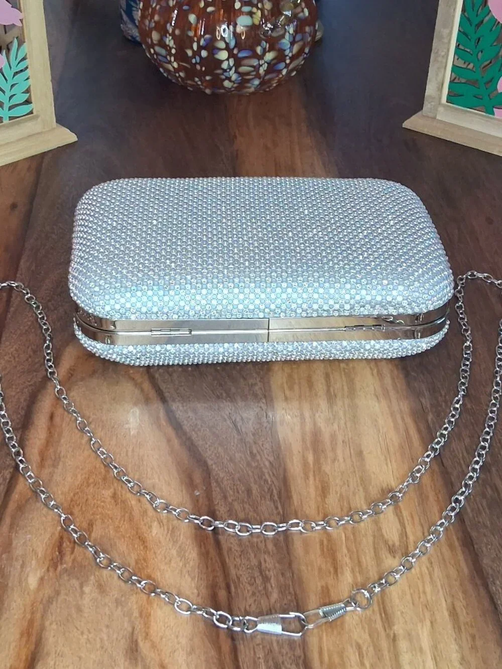 Sparkly Silver Rhinestone Hard Shell Evening Clutch Bag Crossbody Chain